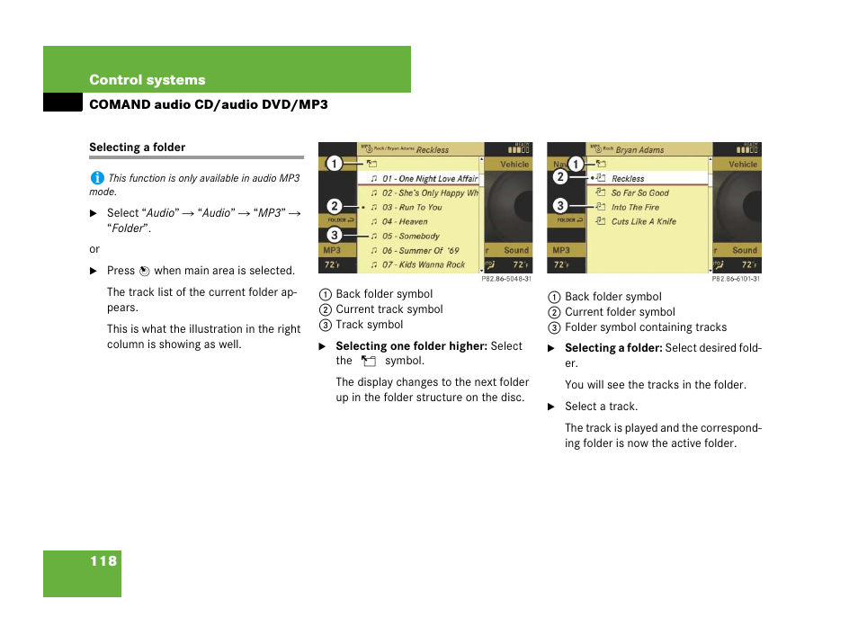 Mp3:selecting a folder (comand), Selecting a folder | Mercedes-Benz CL-Class 2007 User Manual | Page 119 / 723