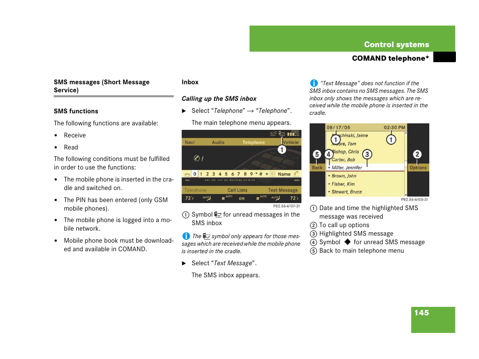 Comand:sms messages;sms messages, Sms messages (short message service) | Mercedes-Benz CL-Class 2007 User Manual | Page 146 / 723