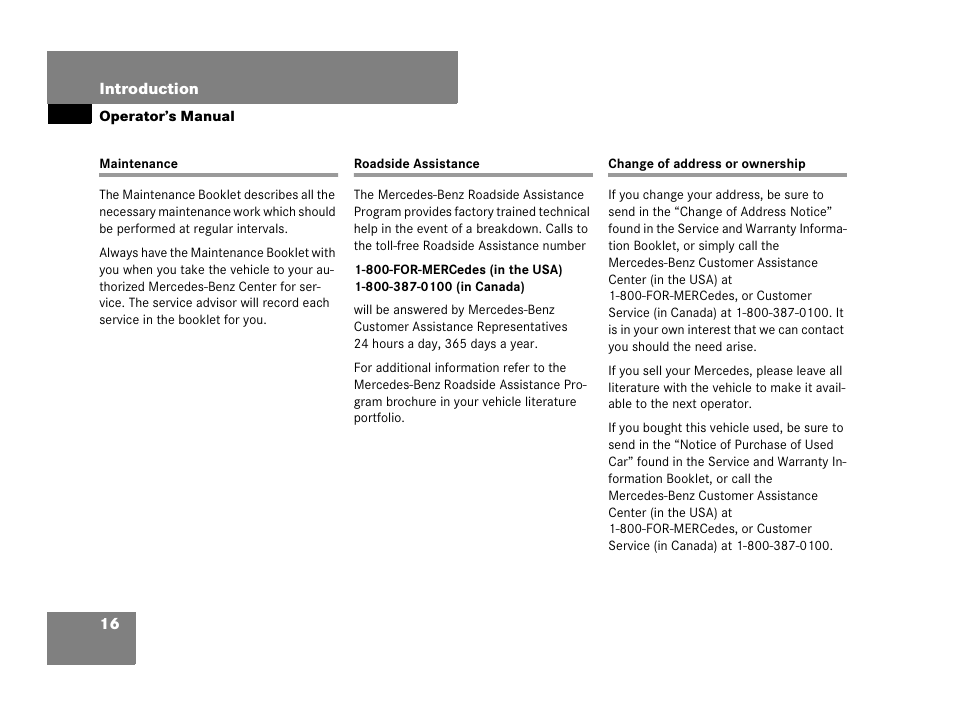 Maintenance, Roadside assistance, Change of address or ownership | Mercedes-Benz CL-Class 2007 User Manual | Page 17 / 723
