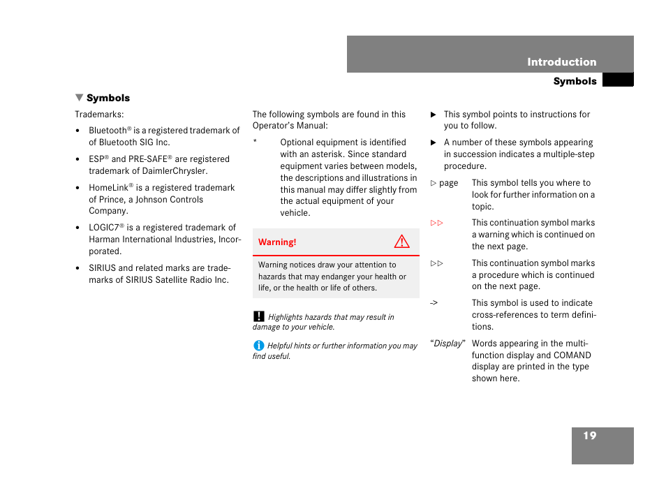 Symbols used in this operator’s manual, Symbols, 19 introduction | Mercedes-Benz CL-Class 2007 User Manual | Page 20 / 723