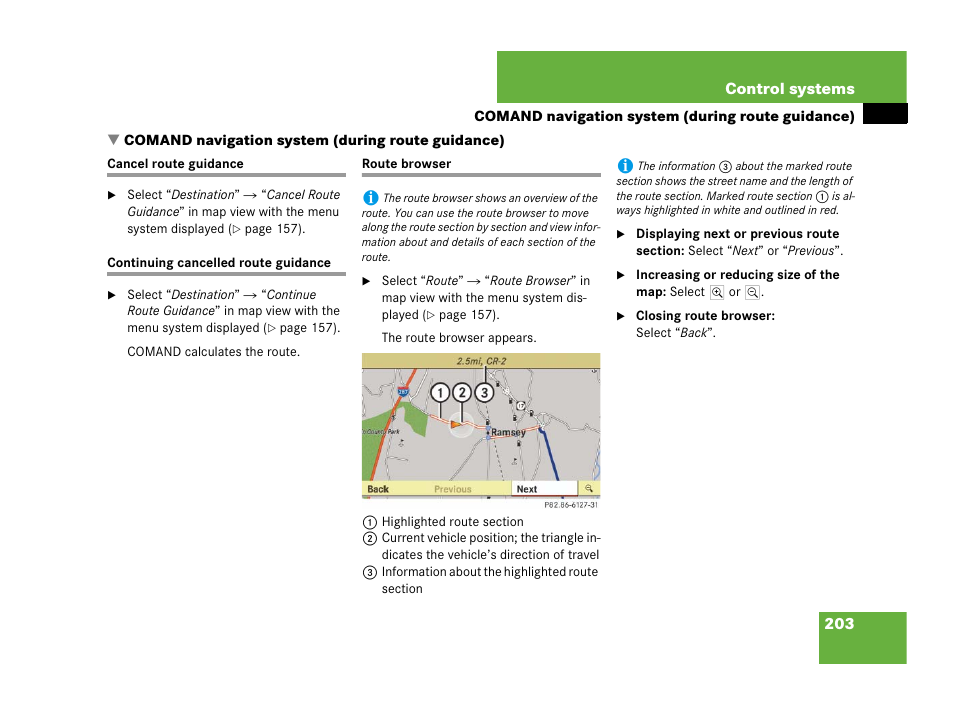 Cancel route guidance, Route browser, Comand navigation system (during route guidance) | Mercedes-Benz CL-Class 2007 User Manual | Page 204 / 723