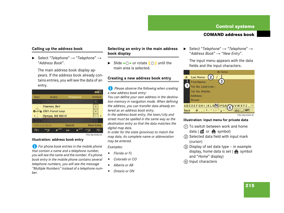 Address book (comand):calling up, Address book (comand):creating an entry | Mercedes-Benz CL-Class 2007 User Manual | Page 216 / 723