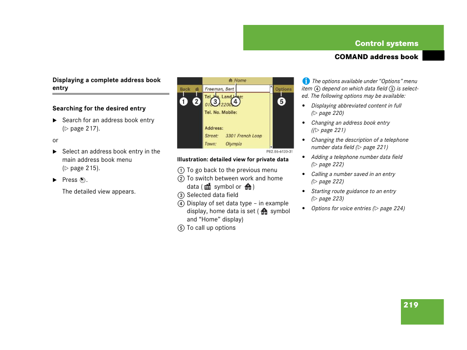 Address book (comand):details about an entry, Displaying a complete address book entry, 219 control systems | Mercedes-Benz CL-Class 2007 User Manual | Page 220 / 723