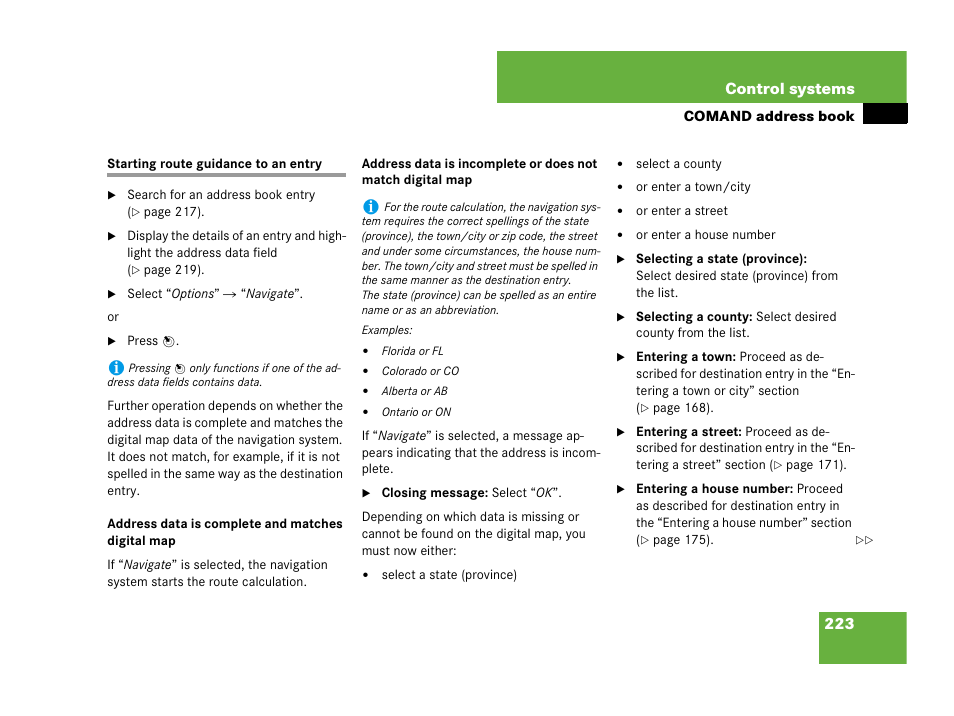 Address book (comand):starting route guidance, Starting route guidance to an entry, 223 control systems | Mercedes-Benz CL-Class 2007 User Manual | Page 224 / 723
