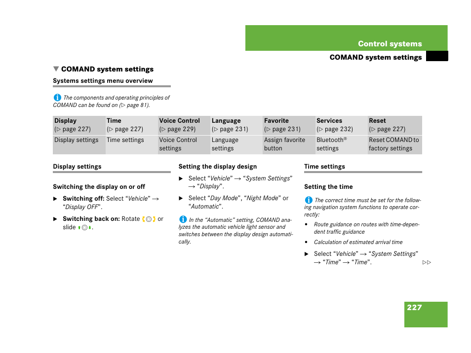 Comand:system settings, System settings (comand):menu overview, System settings (comand):display | System settings (comand):time settings, Comand system settings | Mercedes-Benz CL-Class 2007 User Manual | Page 228 / 723