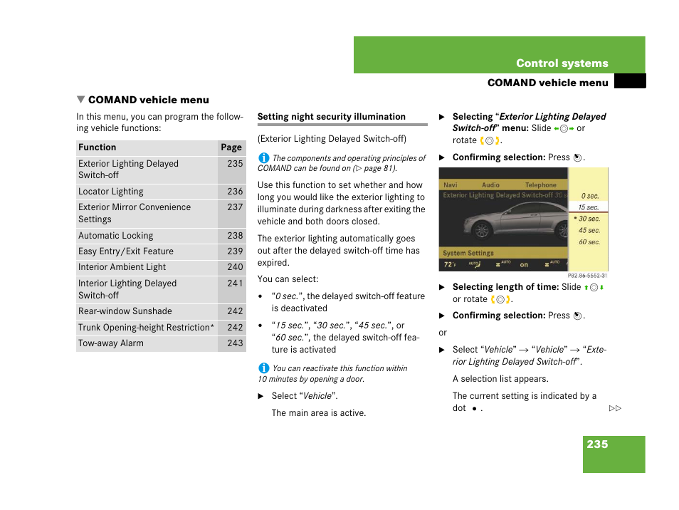 Comand:vehicle menu;vehicle:menu (comand), Comand vehicle menu, Setting night security illumination 235 | Mercedes-Benz CL-Class 2007 User Manual | Page 236 / 723