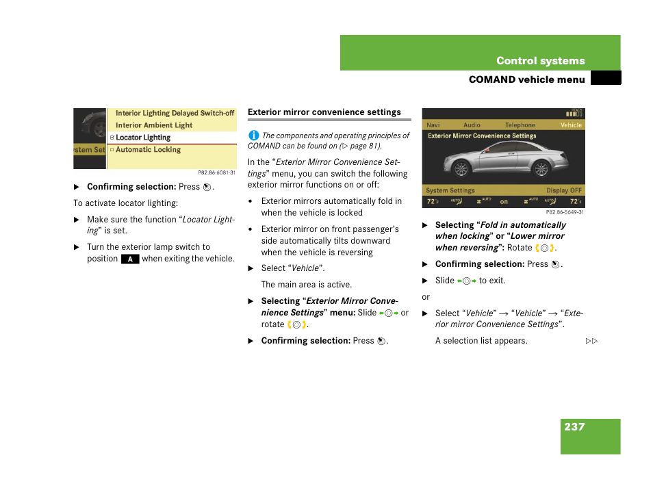 Exterior mirror convenience settings | Mercedes-Benz CL-Class 2007 User Manual | Page 238 / 723