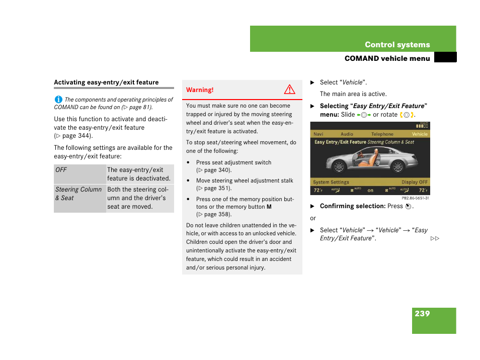 Easy-entry/exit feature:comand menu, Activating easy-entry/exit feature 239, 239 control systems | Mercedes-Benz CL-Class 2007 User Manual | Page 240 / 723