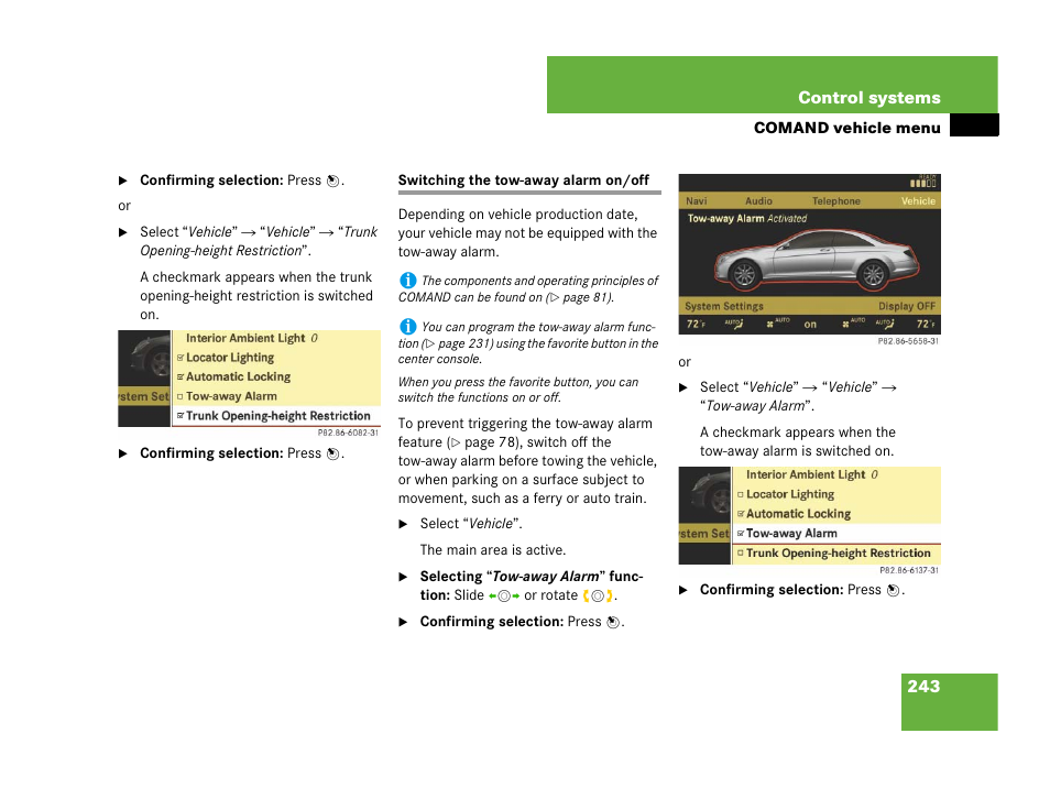 Switching the tow-away alarm on/off, See “switching the tow-away alarm on/off | Mercedes-Benz CL-Class 2007 User Manual | Page 244 / 723