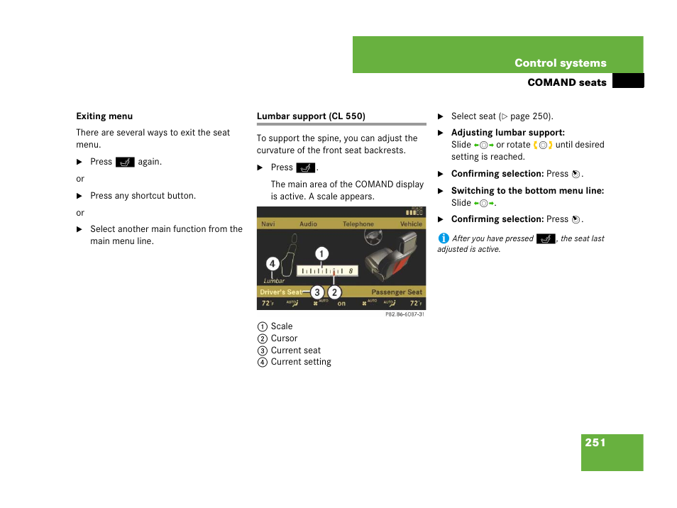 Seats:lumbar support (comand), Lumbar support (cl 550) | Mercedes-Benz CL-Class 2007 User Manual | Page 252 / 723