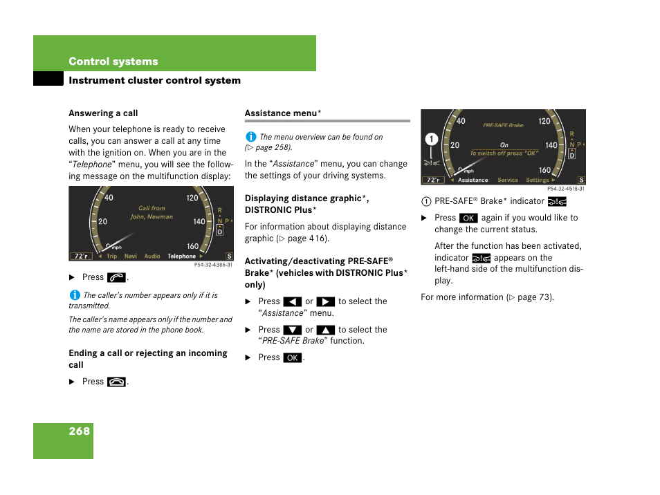 Control system instrument cluster menus:assistance, Assistance menu | Mercedes-Benz CL-Class 2007 User Manual | Page 269 / 723