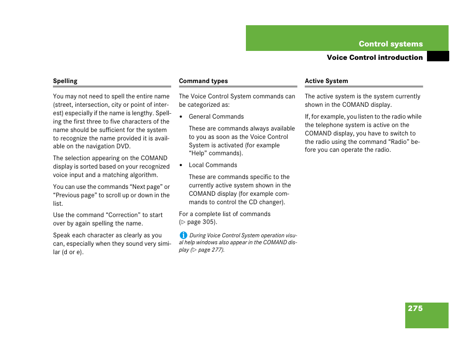 Spelling, Command types, Spelling command types active system | Mercedes-Benz CL-Class 2007 User Manual | Page 276 / 723