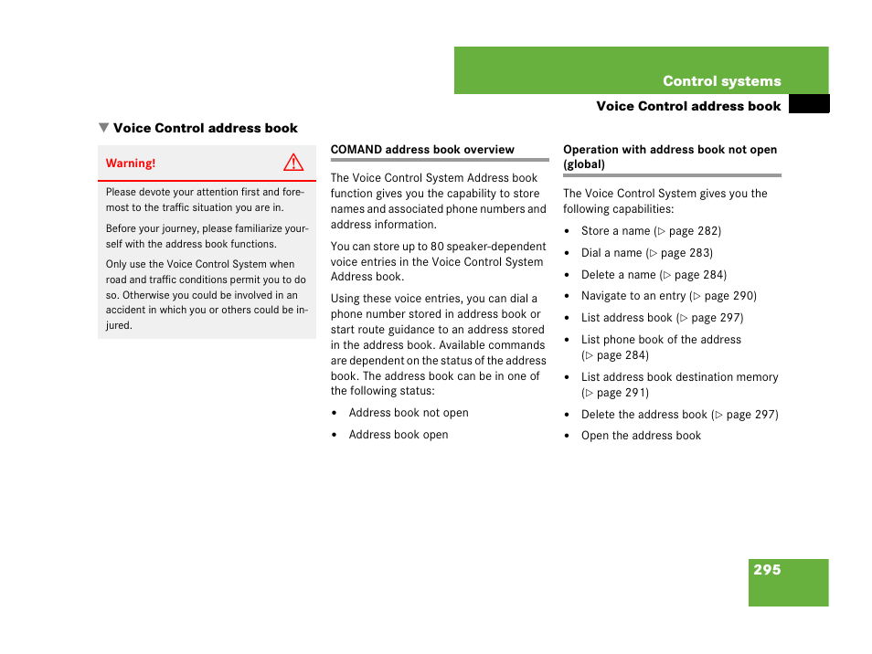 Voice control:address book, Comand address book overview, Operation with address book not open (global) | Voice control address book, 295 control systems | Mercedes-Benz CL-Class 2007 User Manual | Page 296 / 723