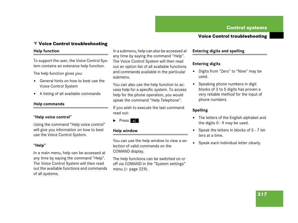 Voice control:troubleshooting, Help function, Help commands | Help window, Entering digits and spelling, Voice control troubleshooting | Mercedes-Benz CL-Class 2007 User Manual | Page 318 / 723