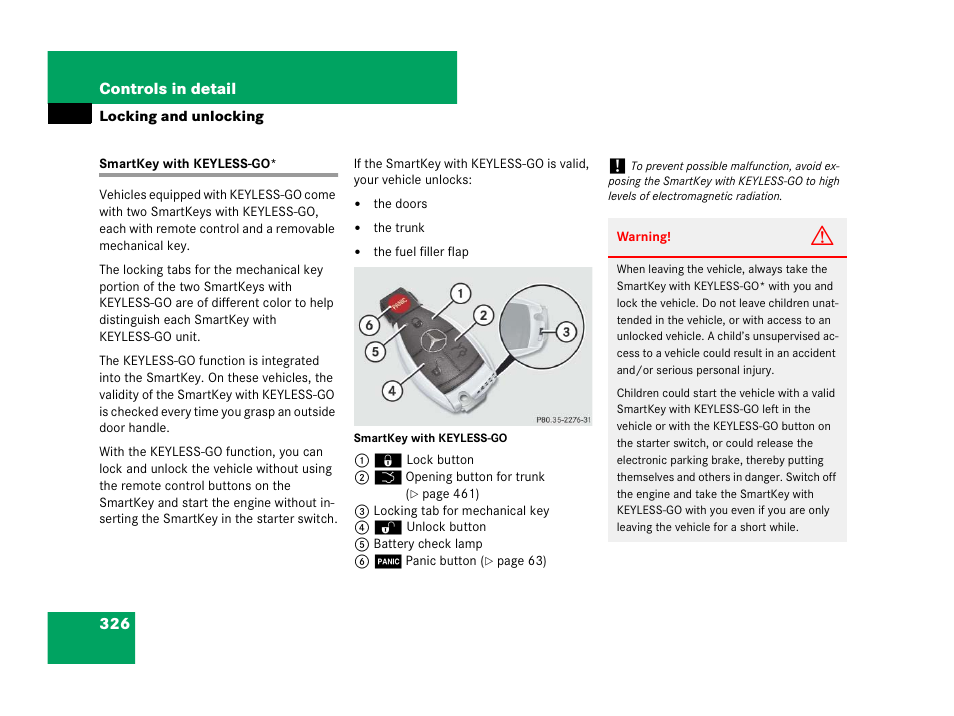 Vehicle:locking/unlocking, Smartkey with keyless-go | Mercedes-Benz CL-Class 2007 User Manual | Page 327 / 723