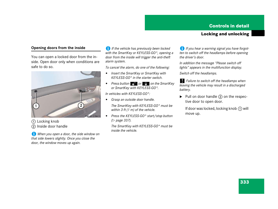 Door:opening from inside vehicle, Opening doors from the inside | Mercedes-Benz CL-Class 2007 User Manual | Page 334 / 723