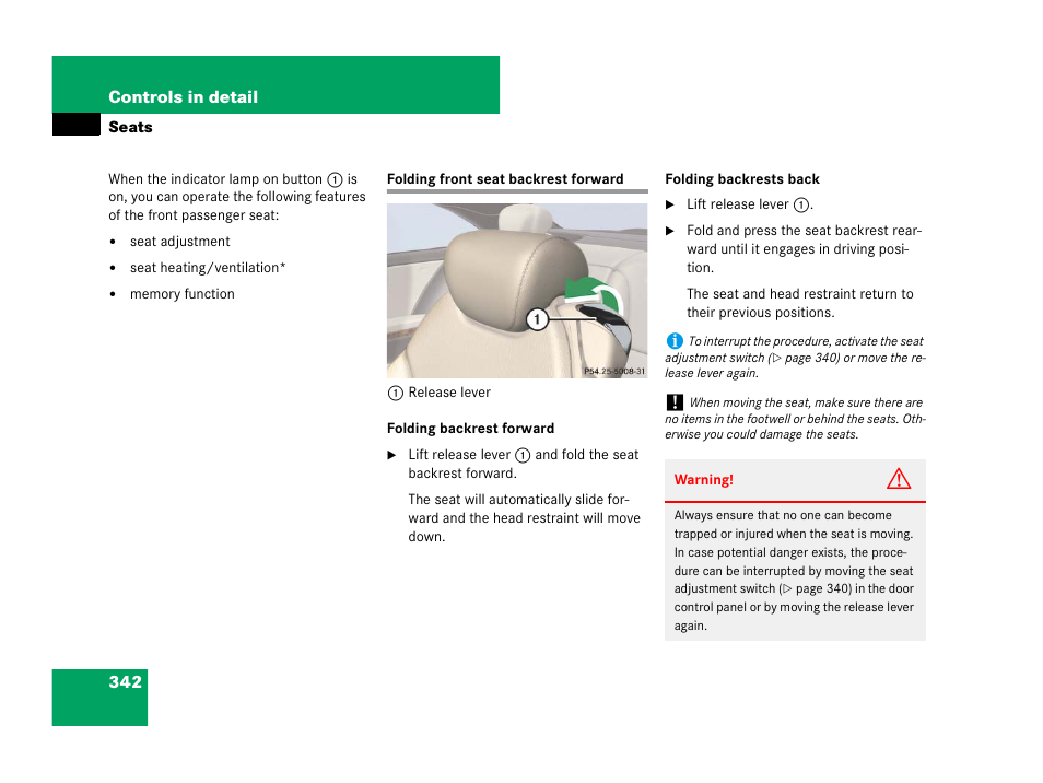 Power seats:folding forward front seat backrests, Folding front seat backrest forward | Mercedes-Benz CL-Class 2007 User Manual | Page 343 / 723