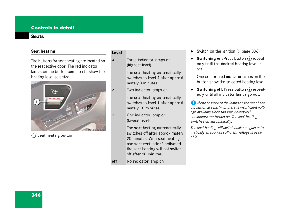 Seats:heating, Seat heating | Mercedes-Benz CL-Class 2007 User Manual | Page 347 / 723