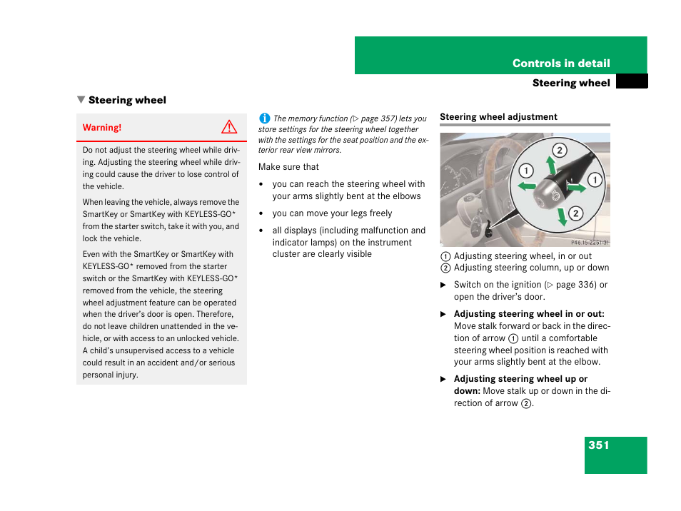 Steering wheel:adjustment, Steering wheel, Steering wheel adjustment | Mercedes-Benz CL-Class 2007 User Manual | Page 352 / 723