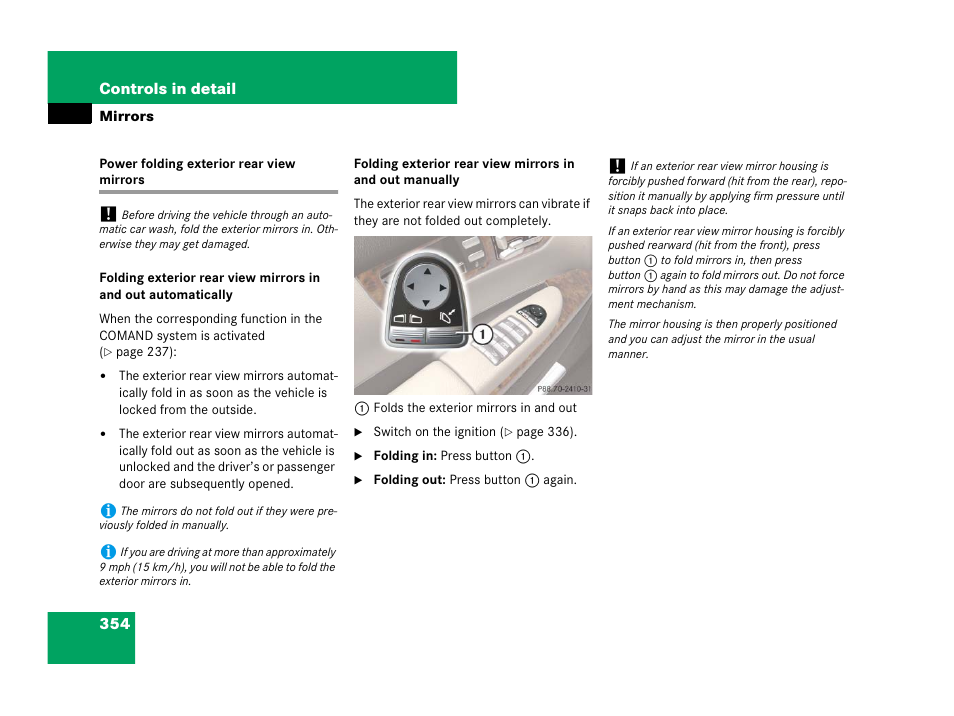 Exterior rear view mirrors:power folding, Power folding exterior rear view mirrors | Mercedes-Benz CL-Class 2007 User Manual | Page 355 / 723