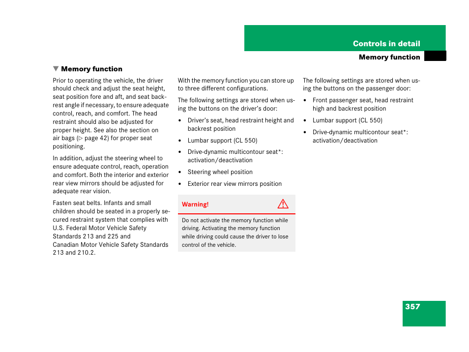 Memory function | Mercedes-Benz CL-Class 2007 User Manual | Page 358 / 723