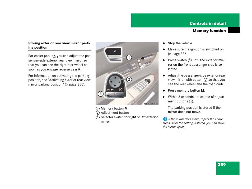 Storring parking position, Storing exterior rear view mirror parking position | Mercedes-Benz CL-Class 2007 User Manual | Page 360 / 723