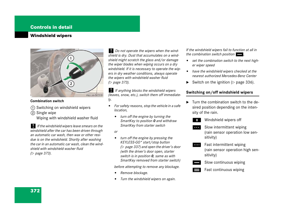 Windshield wipers, Switching on/off windshield wipers, 372 controls in detail | Mercedes-Benz CL-Class 2007 User Manual | Page 373 / 723