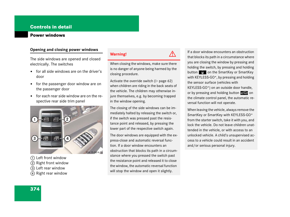 Power windows:opening/closing, Power windows, Opening and closing power windows | 374 controls in detail | Mercedes-Benz CL-Class 2007 User Manual | Page 375 / 723