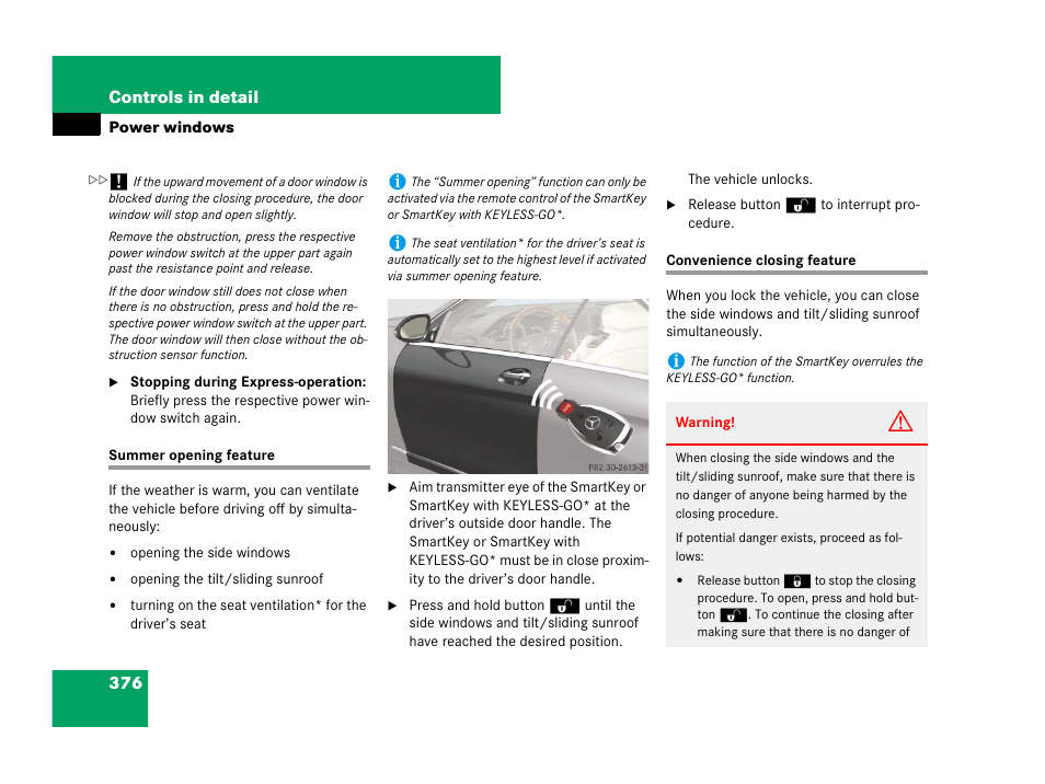 Summer opening feature, Summer opening feature convenience closing feature, See “summer opening feature | Ture, Nience closing feature, See “summer opening fea- ture | Mercedes-Benz CL-Class 2007 User Manual | Page 377 / 723