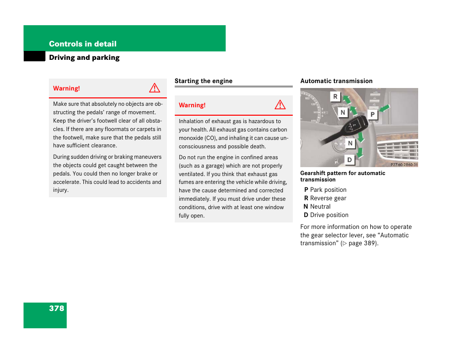 Driving:instructions, Starting, engine, Driving and parking | Starting the engine | Mercedes-Benz CL-Class 2007 User Manual | Page 379 / 723