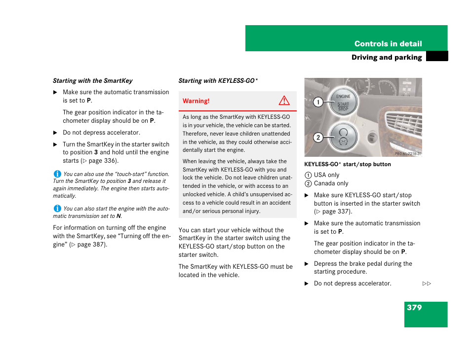 See “starting with the smartkey, See “starting with keyless-go | Mercedes-Benz CL-Class 2007 User Manual | Page 380 / 723