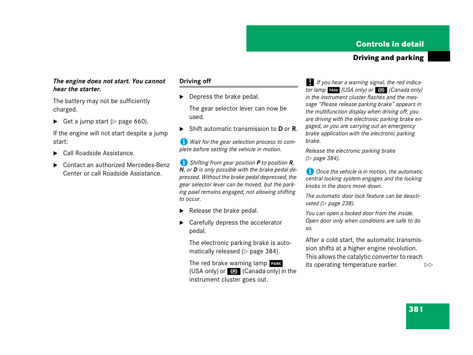 Driving off | Mercedes-Benz CL-Class 2007 User Manual | Page 382 / 723