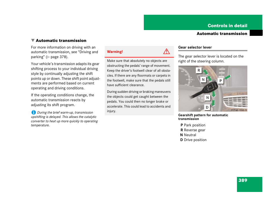Automatic transmission:gear selector lever, Automatic transmission, Gear selector lever | Mercedes-Benz CL-Class 2007 User Manual | Page 390 / 723