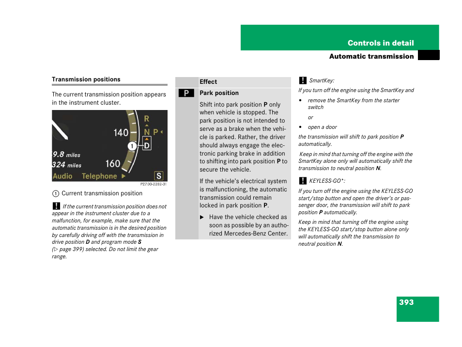 Automatic transmission:transmission positions, Transmission positions | Mercedes-Benz CL-Class 2007 User Manual | Page 394 / 723