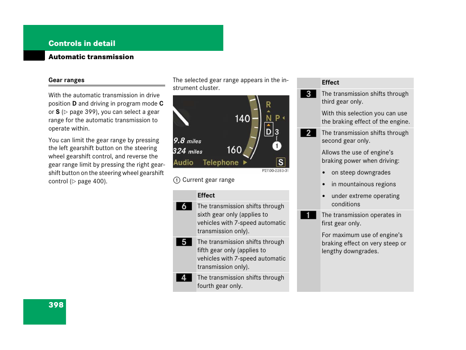 Gear range:automatic transmission, Gear ranges | Mercedes-Benz CL-Class 2007 User Manual | Page 399 / 723