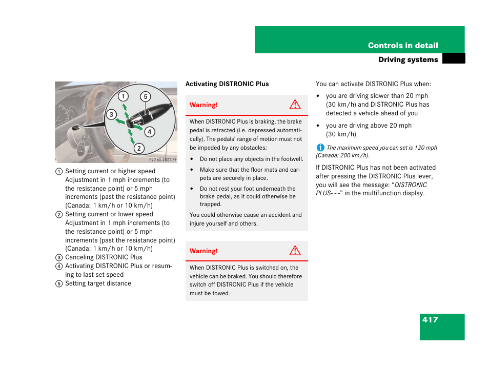 See “activating distronic plus | Mercedes-Benz CL-Class 2007 User Manual | Page 418 / 723