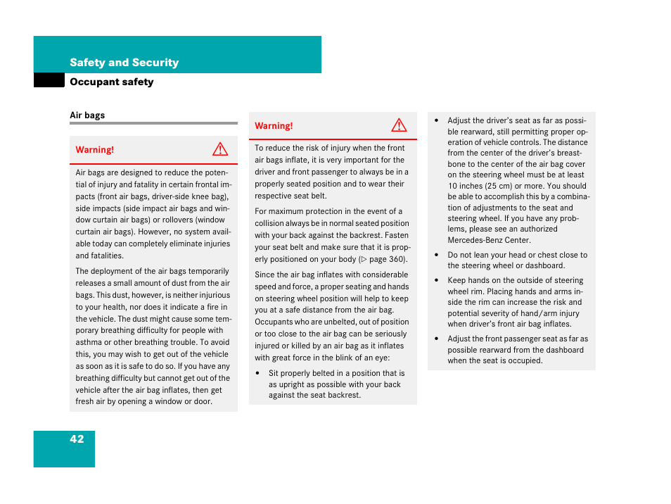 Air bags, 42 safety and security | Mercedes-Benz CL-Class 2007 User Manual | Page 43 / 723