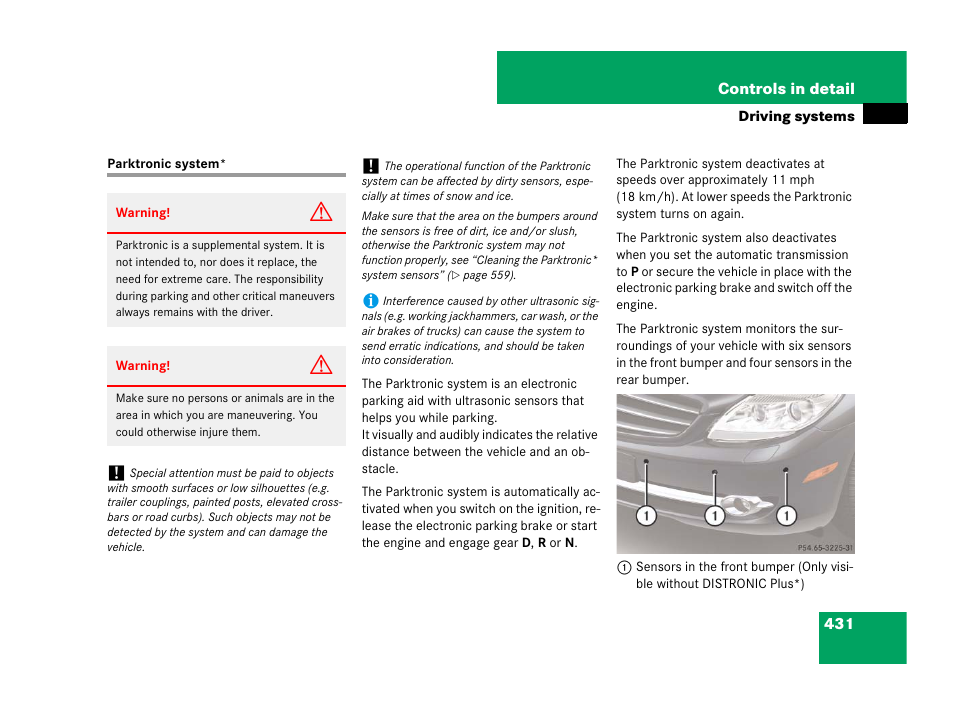Parktronic*;driving systems:parktronic system, Parktronic system | Mercedes-Benz CL-Class 2007 User Manual | Page 432 / 723