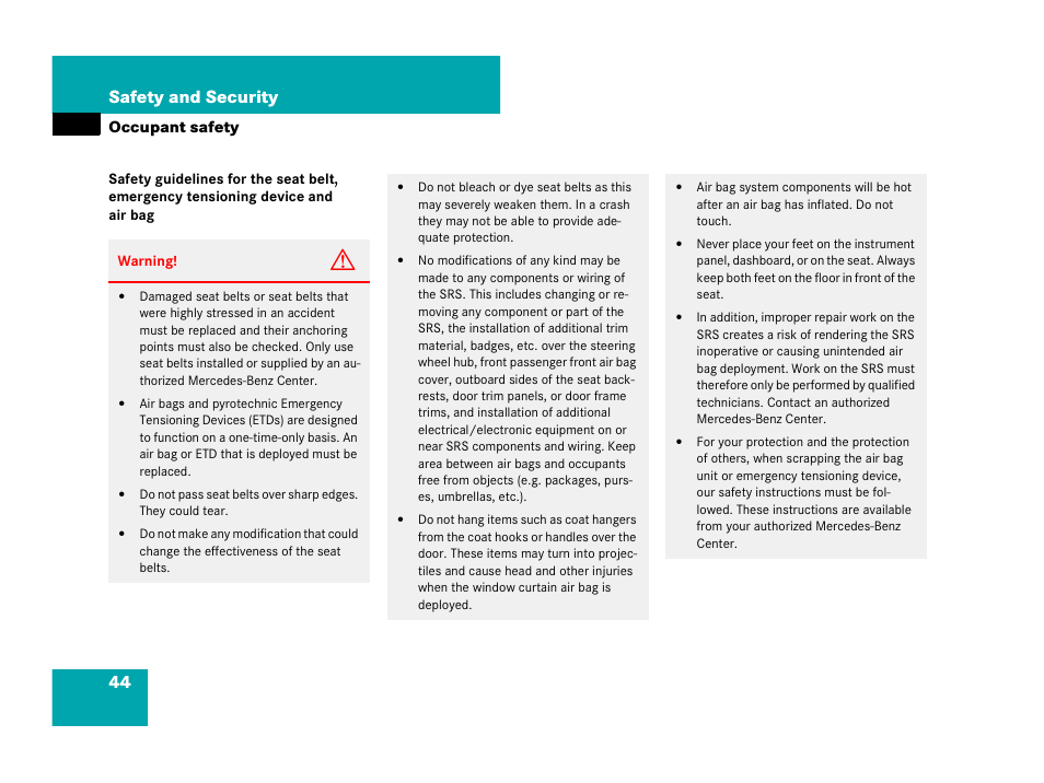 44 safety and security | Mercedes-Benz CL-Class 2007 User Manual | Page 45 / 723