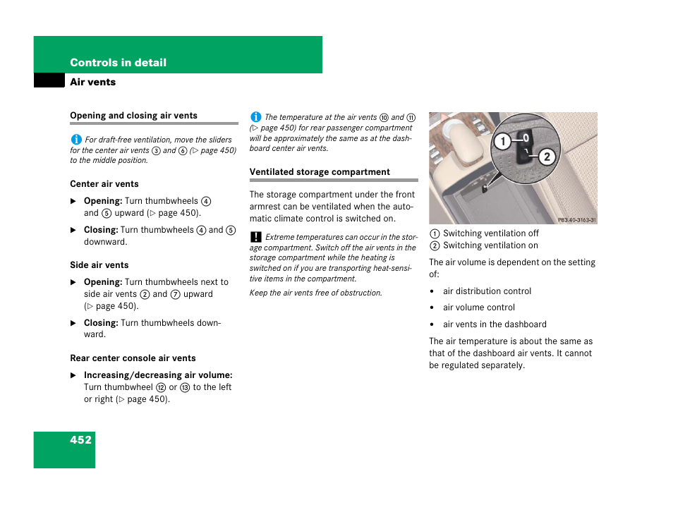 Opening and closing air vents, Ventilated storage compartment | Mercedes-Benz CL-Class 2007 User Manual | Page 453 / 723