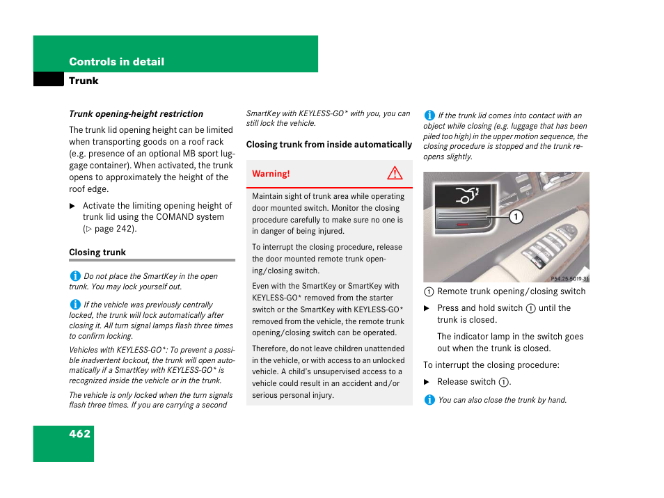 F. controls in detail/ closing trunk lid, Closing trunk, See “closing trunk | Mercedes-Benz CL-Class 2007 User Manual | Page 463 / 723