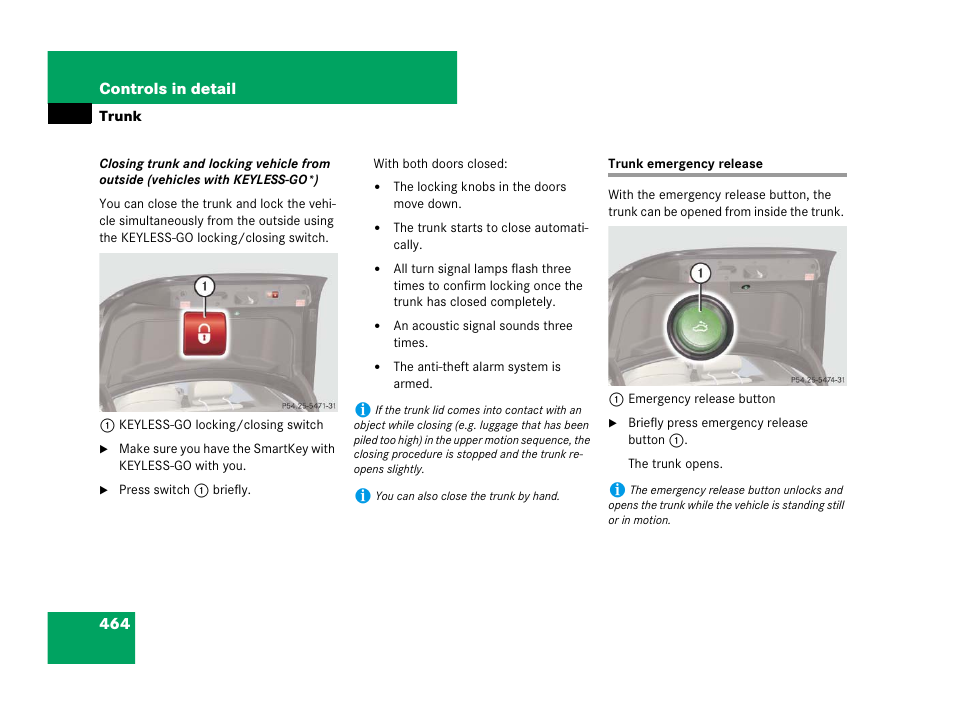 Trunk:emergency release, Trunk emergency release | Mercedes-Benz CL-Class 2007 User Manual | Page 465 / 723