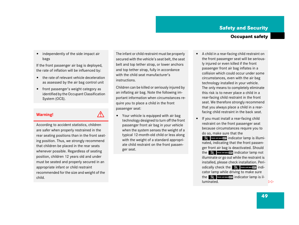 49 safety and security | Mercedes-Benz CL-Class 2007 User Manual | Page 50 / 723
