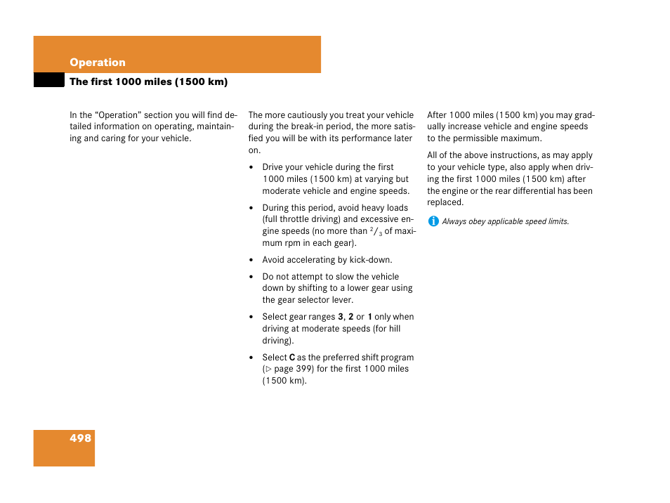 The first 1000 miles (1500 km), 498 operation | Mercedes-Benz CL-Class 2007 User Manual | Page 501 / 723