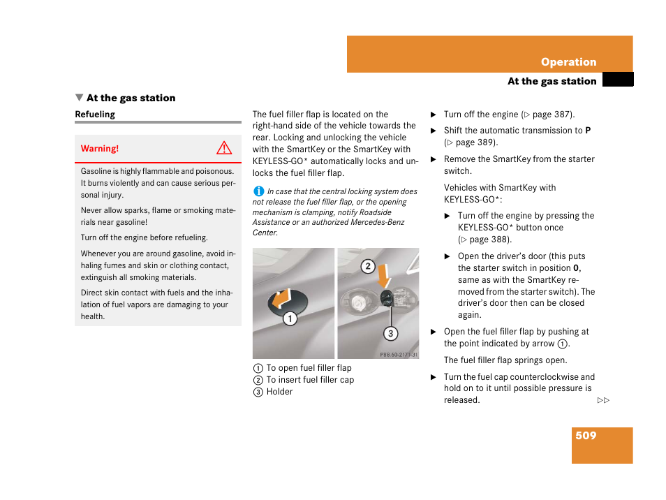 Fuel:fuel filler flap and cap, At the gas station, Refueling | Mercedes-Benz CL-Class 2007 User Manual | Page 512 / 723