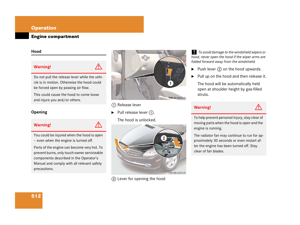 Engine:compartment, Hood, Engine compartment | Mercedes-Benz CL-Class 2007 User Manual | Page 515 / 723