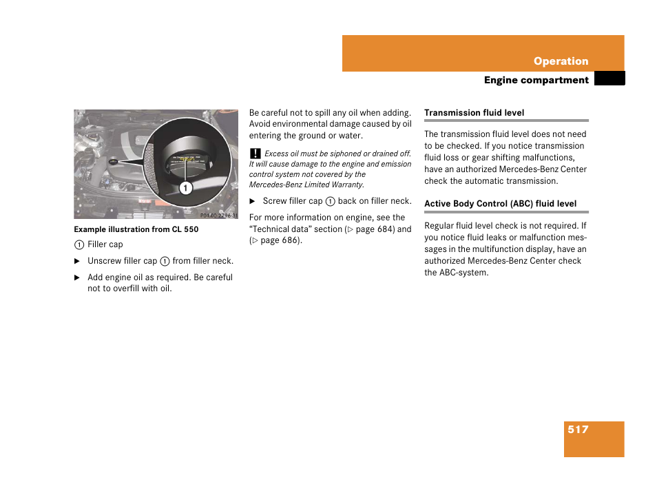 Active body control (abc) fluid level | Mercedes-Benz CL-Class 2007 User Manual | Page 520 / 723