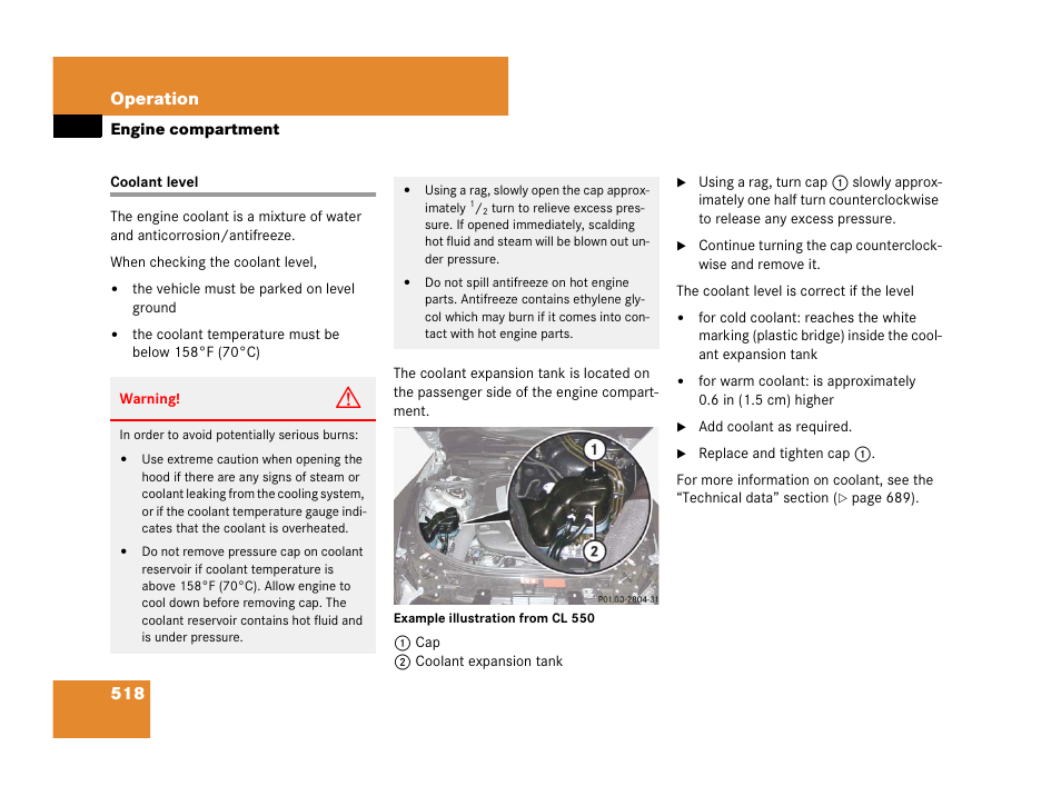 Coolant level, See “coolant level, 518 operation | Mercedes-Benz CL-Class 2007 User Manual | Page 521 / 723