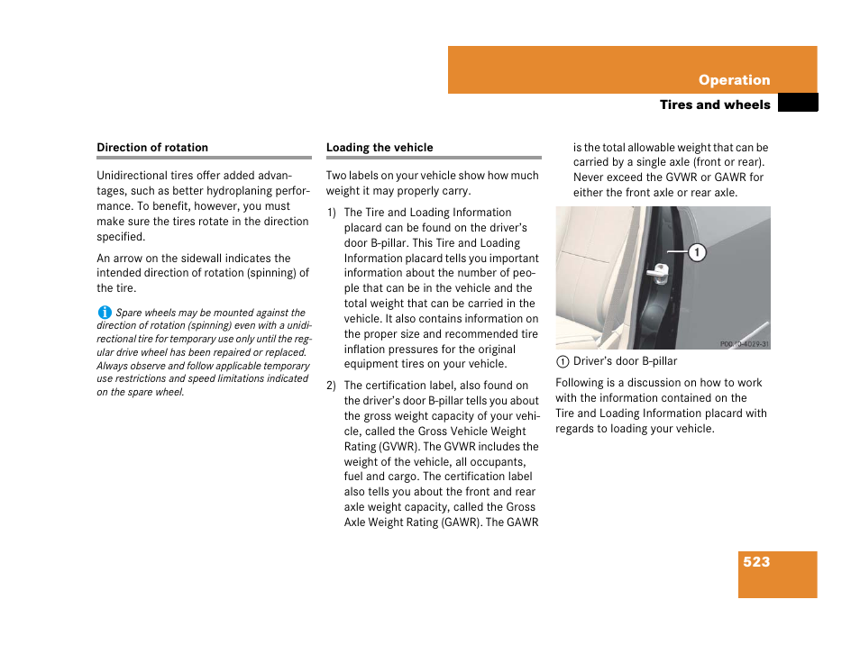 Direction of rotation, tires, Vehicle loading, Direction of rotation loading the vehicle | Mercedes-Benz CL-Class 2007 User Manual | Page 526 / 723