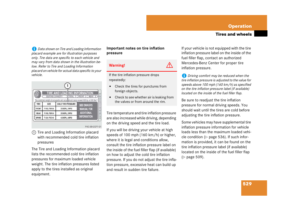 See “important notes on tire inflation pressure | Mercedes-Benz CL-Class 2007 User Manual | Page 532 / 723